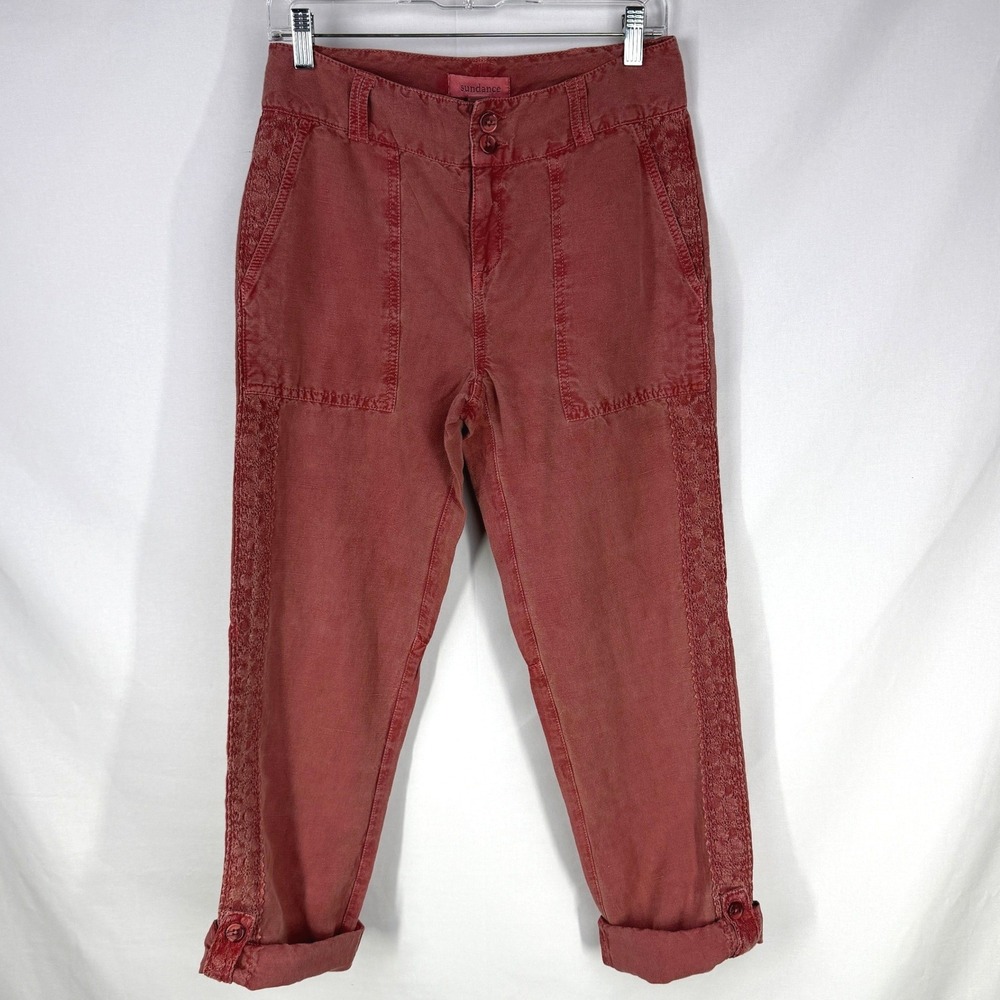 Sundance Boho Linen Cotton Crochet Lace Trim Pants 4 Granola Coastal Grandmother - Picture 2 of 9